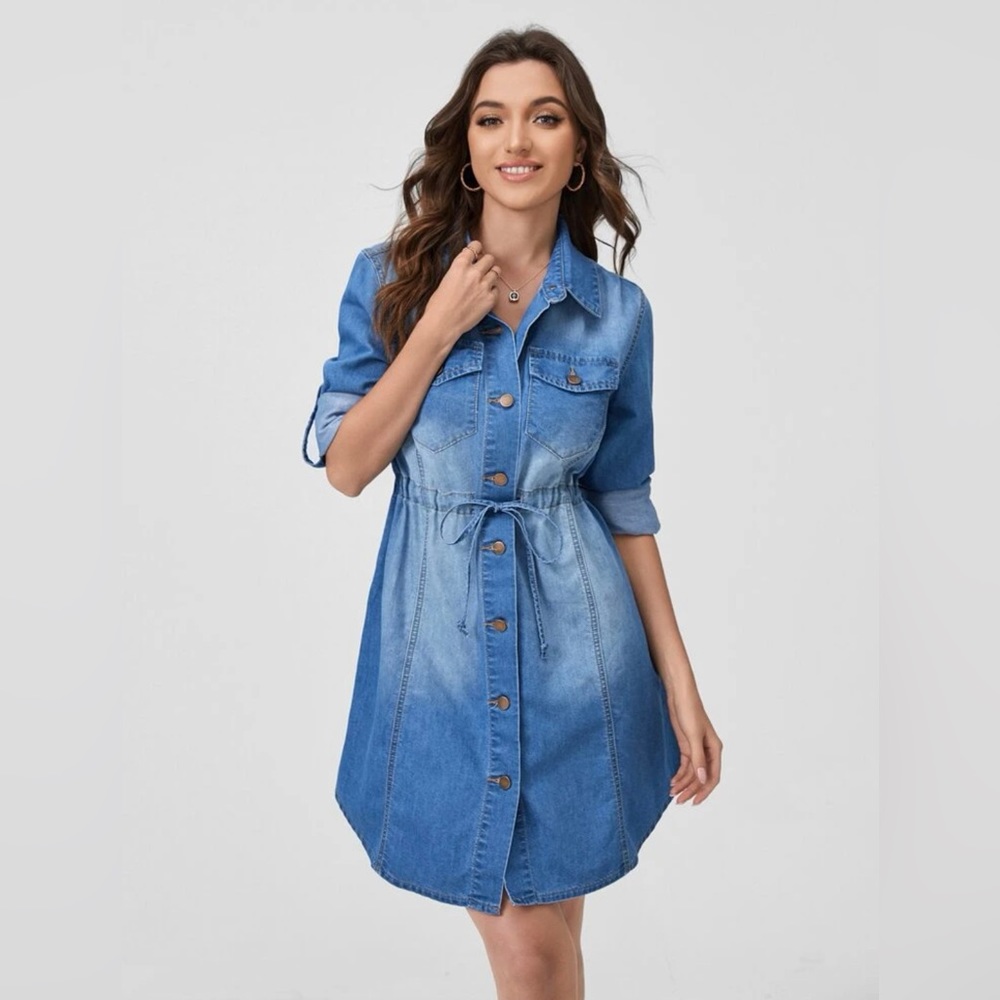 Drawstring waist denim shirt dress